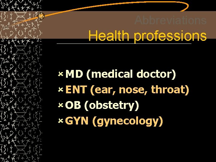 Abbreviations Health professions û MD (medical doctor) û ENT (ear, nose, throat) û OB