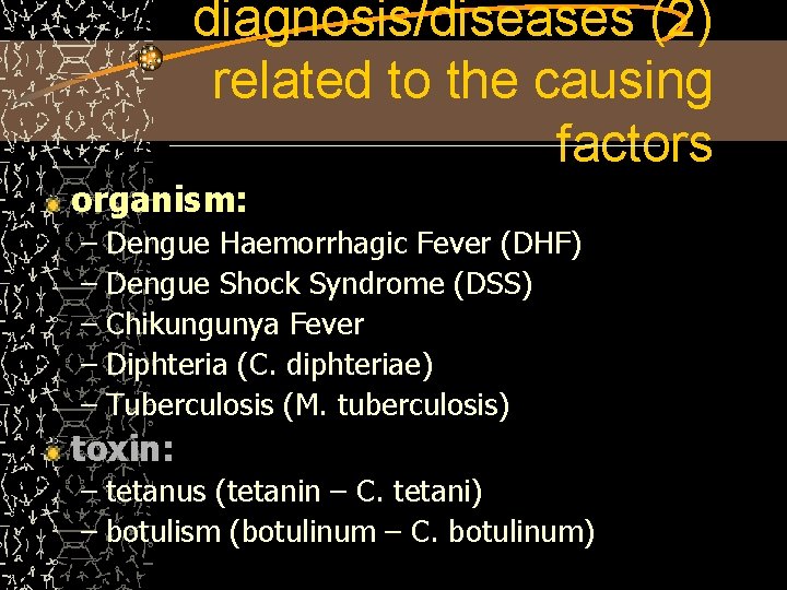 diagnosis/diseases (2) related to the causing factors organism: – Dengue Haemorrhagic Fever (DHF) –