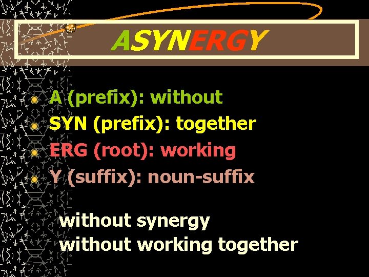 ASYNERGY A (prefix): without SYN (prefix): together ERG (root): working Y (suffix): noun-suffix without