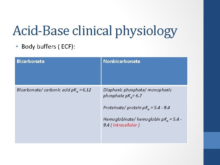 Acid-Base clinical physiology • Body buffers ( ECF): Bicarbonate Nonbicarbonate Bicarbonate/ carbonic acid p.