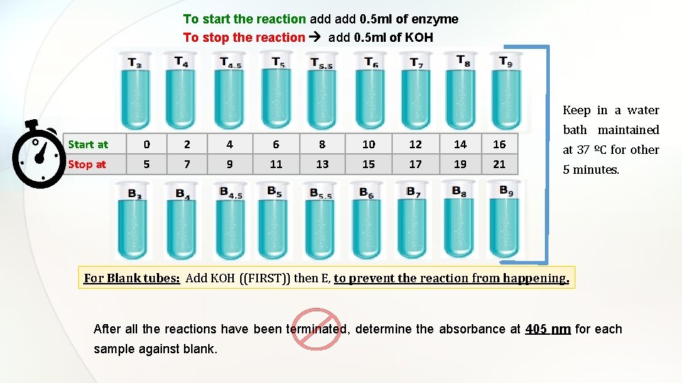 To start the reaction add 0. 5 ml of enzyme To stop the reaction