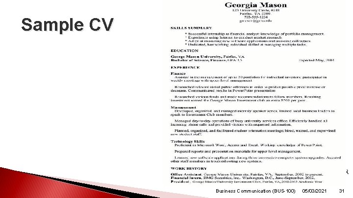 Sample CV Business Communication (BUS-100) 05/03/2021 31 