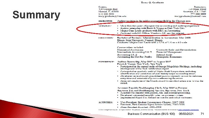 Summary Business Communication (BUS-100) 05/03/2021 71 