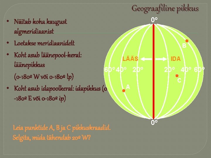 Geograafiline pikkus 0º • Näitab koha kaugust algmeridiaanist • Loetakse meridiaanidelt B • Koht