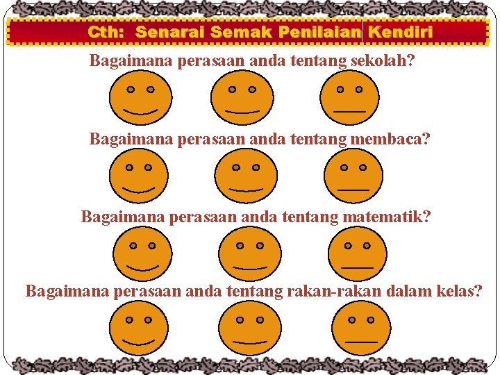 Cth: Senarai Semak Penilaian Kendiri Bagaimana perasaan anda tentang sekolah? Bagaimana perasaan anda tentang