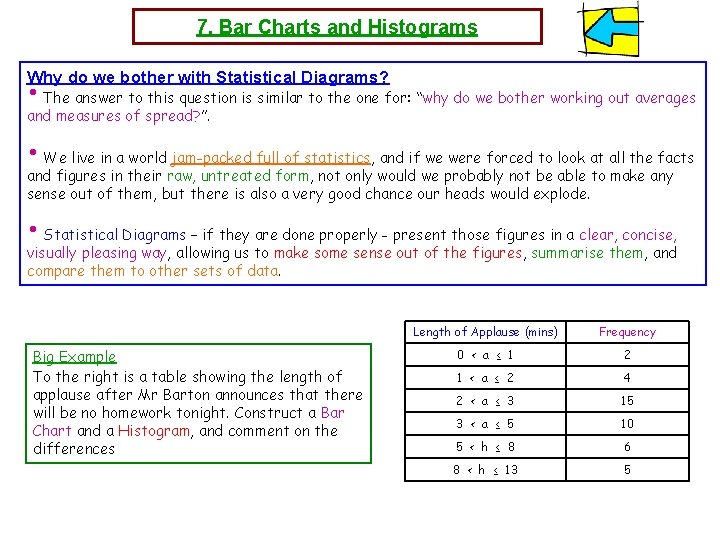 7. Bar Charts and Histograms Why do we bother with Statistical Diagrams? • The