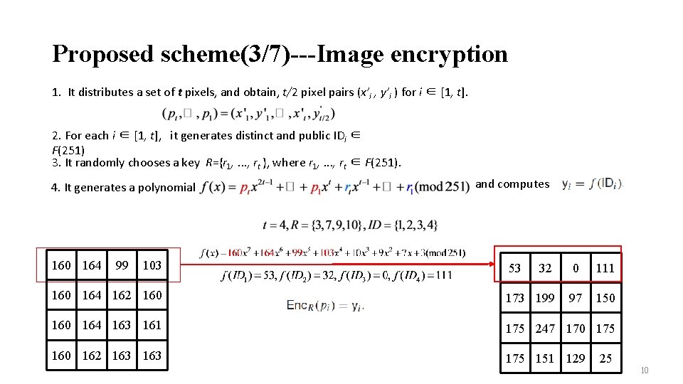 Proposed scheme(3/7)---Image encryption 1. It distributes a set of t pixels, and obtain, t/2