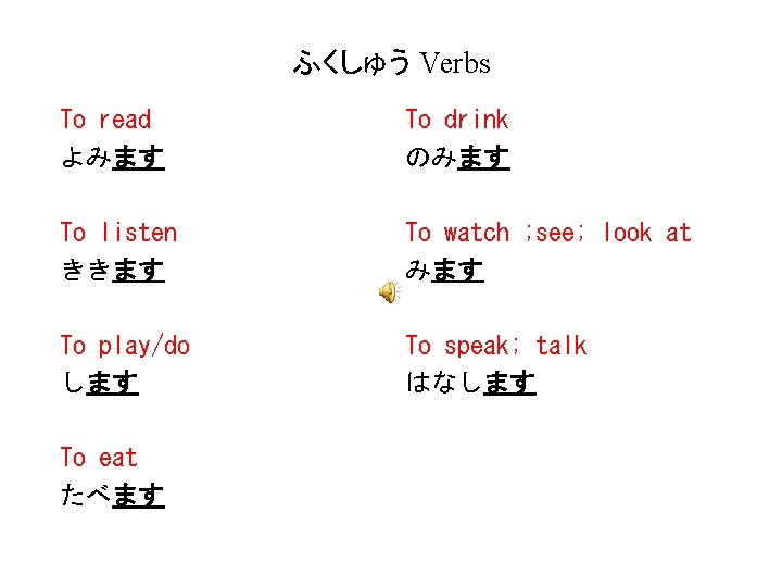 ふくしゅう Verbs To read よみます To drink のみます To listen ききます To watch ;