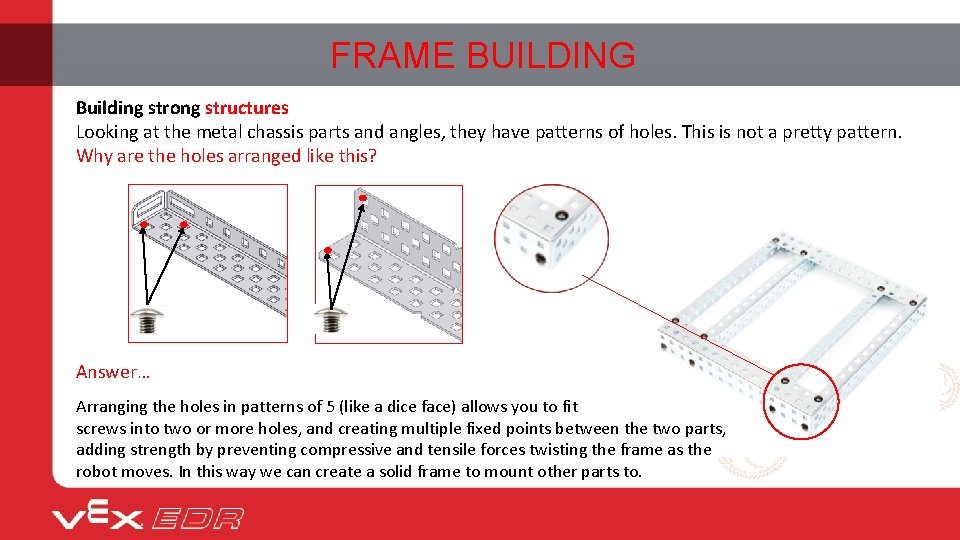FRAME BUILDING Building strong structures Looking at the metal chassis parts and angles, they