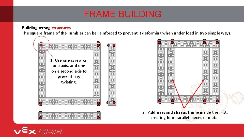 FRAME BUILDING Building strong structures The square frame of the Tumbler can be reinforced
