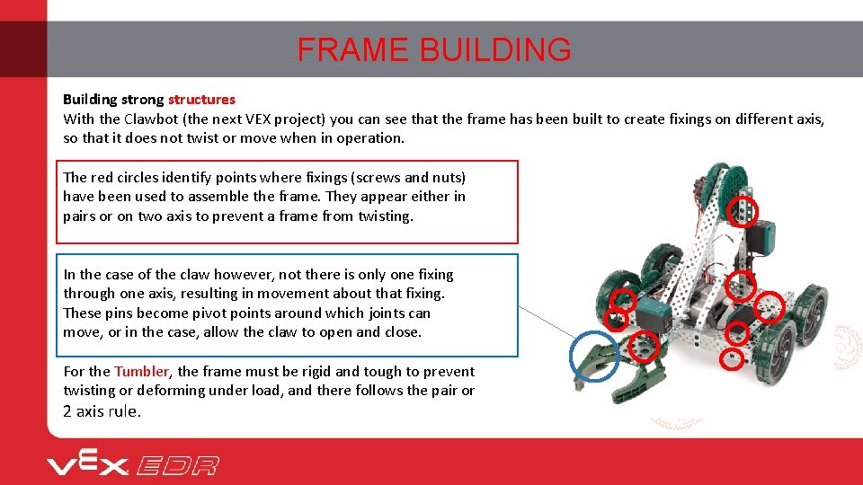 FRAME BUILDING Building strong structures With the Clawbot (the next VEX project) you can