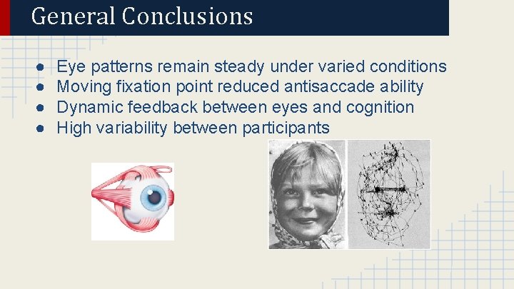 General Conclusions ● ● Eye patterns remain steady under varied conditions Moving fixation point