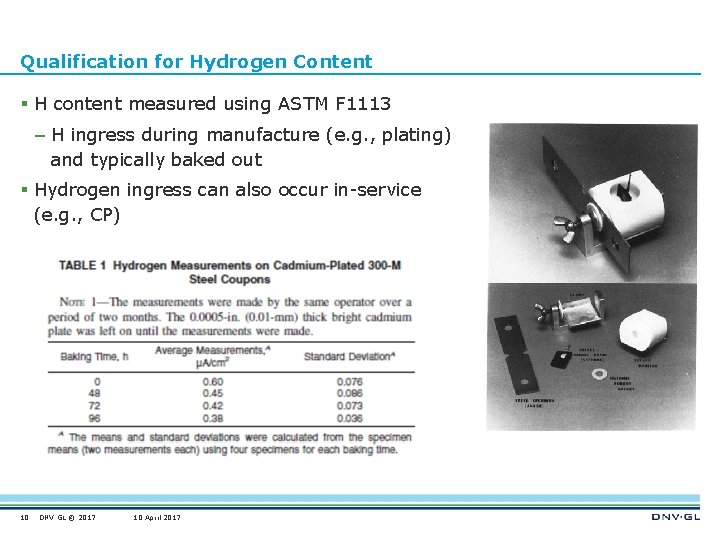 Qualification for Hydrogen Content § H content measured using ASTM F 1113 – H