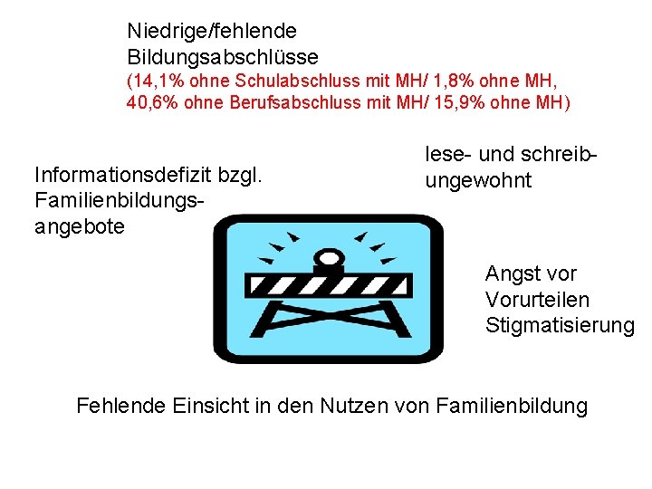 Niedrige/fehlende Bildungsabschlüsse (14, 1% ohne Schulabschluss mit MH/ 1, 8% ohne MH, 40, 6%