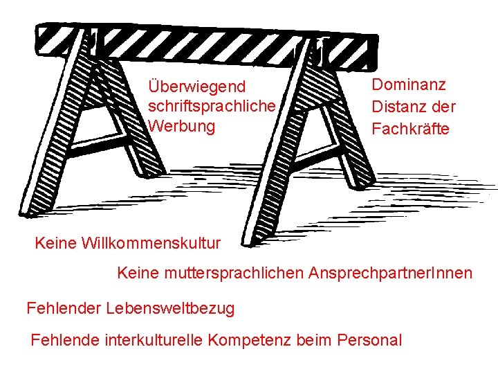 Überwiegend schriftsprachliche Werbung Dominanz Distanz der Fachkräfte Keine Willkommenskultur Keine muttersprachlichen Ansprechpartner. Innen Fehlender