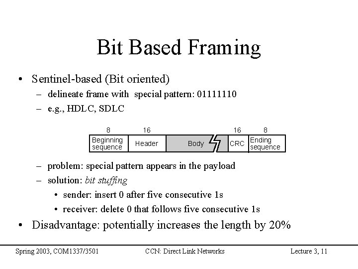 Bit Based Framing • Sentinel-based (Bit oriented) – delineate frame with special pattern: 01111110