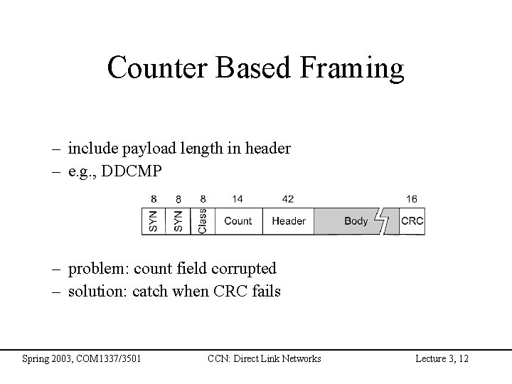 Counter Based Framing – include payload length in header – e. g. , DDCMP