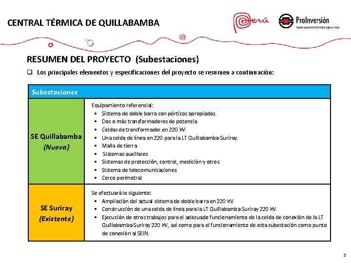 CENTRAL TÉRMICA DE QUILLABAMBA RESUMEN DEL PROYECTO (Subestaciones) q Los principales elementos y especificaciones