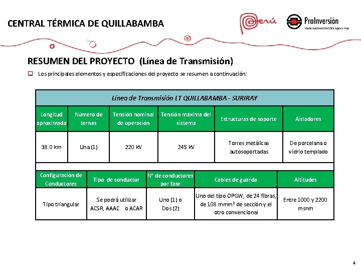 CENTRAL TÉRMICA DE QUILLABAMBA RESUMEN DEL PROYECTO (Línea de Transmisión) q Los principales elementos