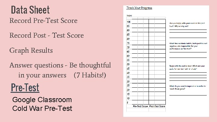 Data Sheet Record Pre-Test Score Record Post - Test Score Graph Results Answer questions