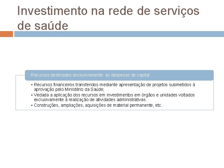 Investimento na rede de serviços de saúde Recursos destinados exclusivamente às despesas de capital