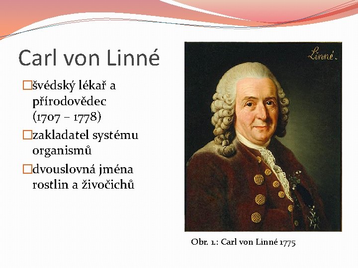 Carl von Linné �švédský lékař a přírodovědec (1707 – 1778) �zakladatel systému organismů �dvouslovná