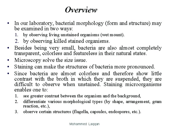 Overview • In our laboratory, bacterial morphology (form and structure) may be examined in