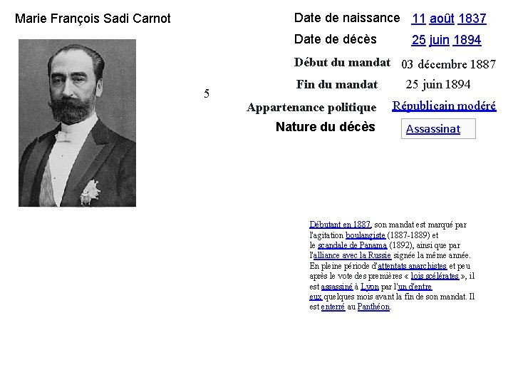 Date de naissance 11 août 1837 Marie François Sadi Carnot Date de décès 25