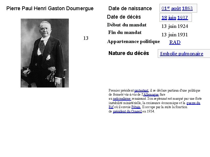 Pierre Paul Henri Gaston Doumergue 13 Date de naissance 01 er août 1863 Date