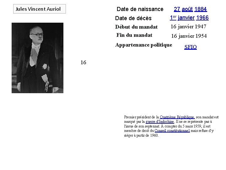Jules Vincent Auriol Date de naissance 27 août 1884 Date de décès 1 er