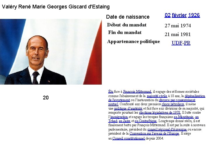 Valéry René Marie Georges Giscard d'Estaing Date de naissance 02 février 1926 Début du