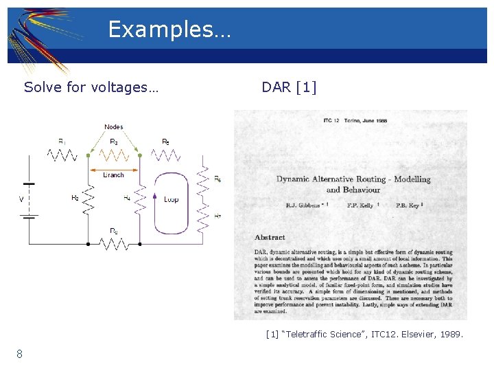 Examples… Solve for voltages… DAR [1] “Teletraffic Science”, ITC 12. Elsevier, 1989. 8 