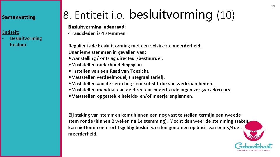 Samenvatting Entiteit: - Besluitvorming bestuur 8. Entiteit i. o. besluitvorming (10) Besluitvorming ledenraad: 4