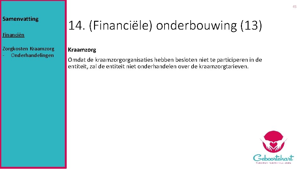 45 Samenvatting Financiën Zorgkosten Kraamzorg - Onderhandelingen 14. (Financiële) onderbouwing (13) Kraamzorg Omdat de