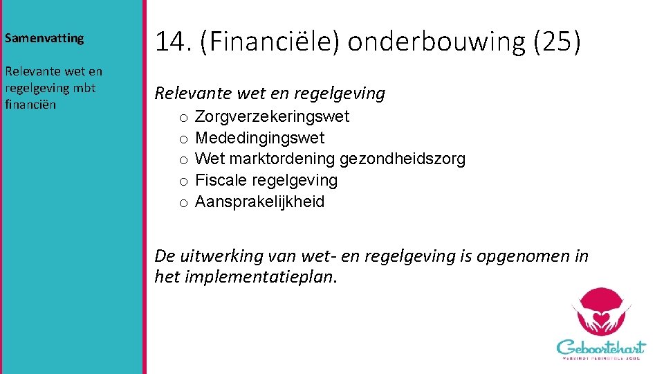 Samenvatting 14. (Financiële) onderbouwing (25) Relevante wet en regelgeving mbt financiën Relevante wet en