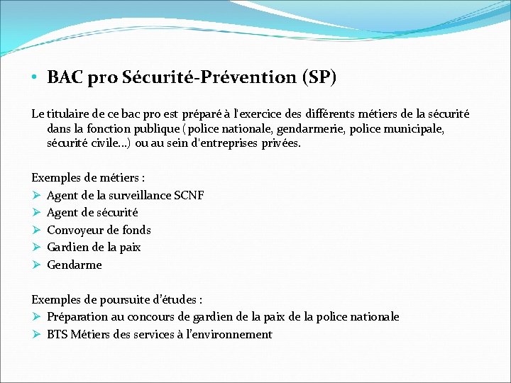  • BAC pro Sécurité-Prévention (SP) Le titulaire de ce bac pro est préparé