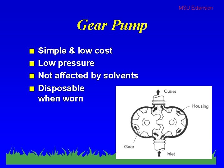 MSU Extension Gear Pump n n Simple & low cost Low pressure Not affected