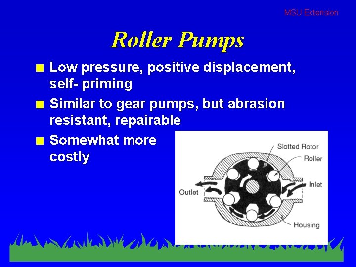 MSU Extension Roller Pumps n n n Low pressure, positive displacement, self- priming Similar