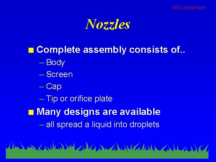 MSU Extension Nozzles n Complete assembly consists of. . – Body – Screen –