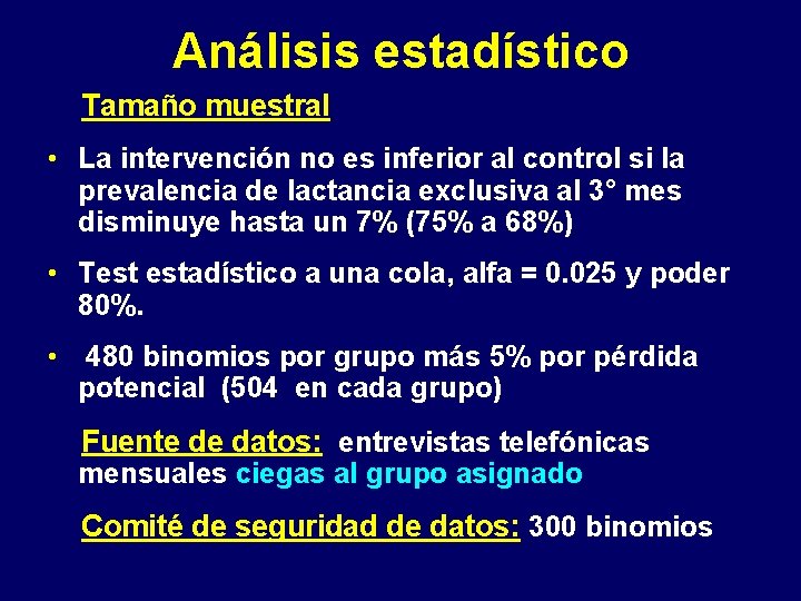 Análisis estadístico Tamaño muestral • La intervención no es inferior al control si la
