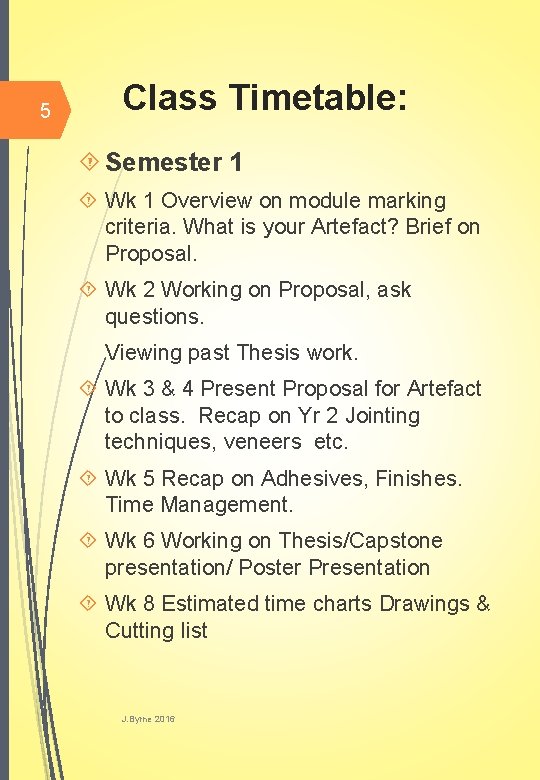 5 Class Timetable: Semester 1 Wk 1 Overview on module marking criteria. What is