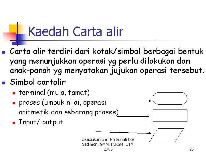 Kaedah Carta alir n n Carta alir terdiri dari kotak/simbol berbagai bentuk yang menunjukkan