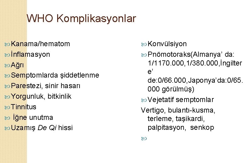 WHO Komplikasyonlar Kanama/hematom Konvülsiyon İnflamasyon Pnömotoraks(Almanya’ da: Ağrı 1/1170. 000, 1/380. 000, İngilter e’