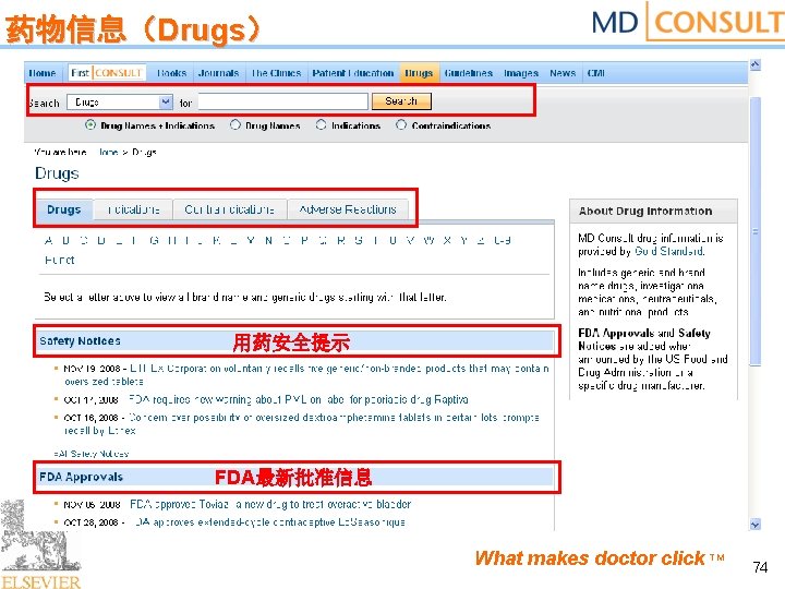 药物信息（Drugs） 用药安全提示 FDA最新批准信息 What makes doctor click TM 74 