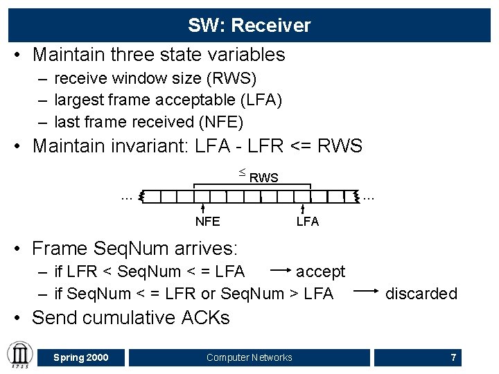 SW: Receiver • Maintain three state variables – receive window size (RWS) – largest