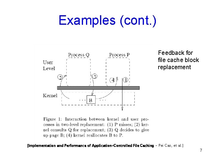 Examples (cont. ) Feedback for file cache block replacement [Implementation and Performance of Application-Controlled