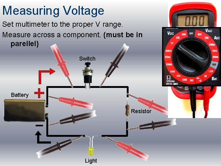 Measuring Voltage Set multimeter to the proper V range. Measure across a component. (must