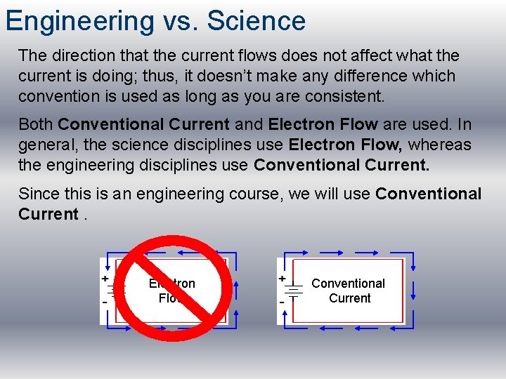 Engineering vs. Science The direction that the current flows does not affect what the