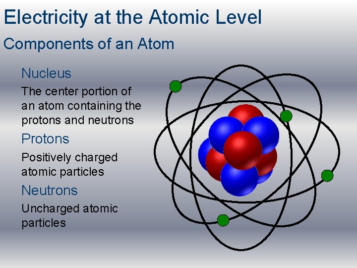 Electricity at the Atomic Level Components of an Atom Nucleus The center portion of