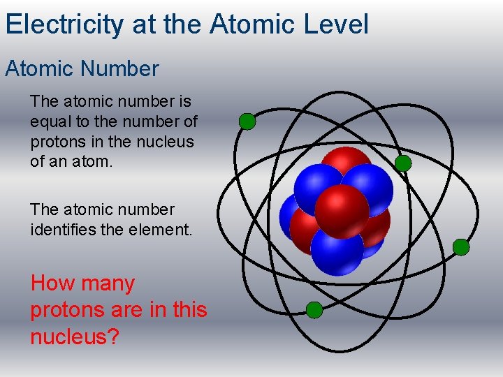 Electricity at the Atomic Level Atomic Number The atomic number is equal to the